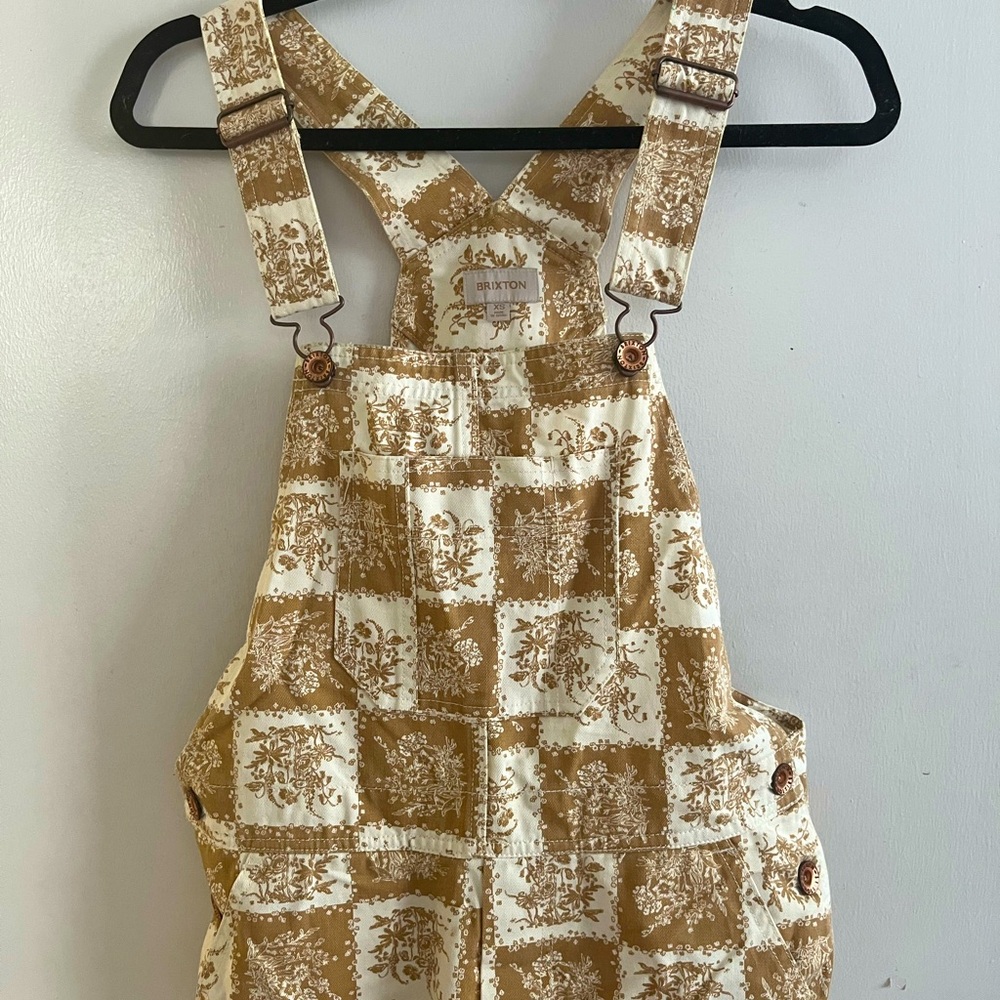 Backcountry Brixton Yellow Tan Checked Floral Overalls Dungarees